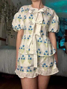 🌸 NWT Blue Floral Tie Front Top & Shorts Set XL Cottagecore Summer Outfit